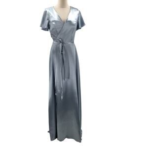 AW BRIDAL 10 L  Baby Blue satin formal party bridesmaid wrap maxi dress NEW B113